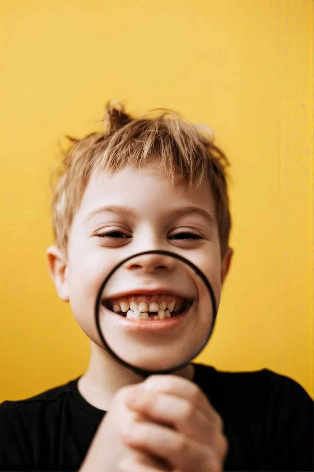 Un enfant montre ses dents derrière une loupe, photo d’illustration