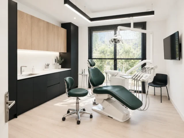 Une salle de soins du cabinet, fauteuil vert et mobilier noir